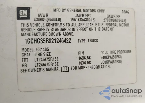 2002 Chevrolet Express z USA, uszkodzony, nr VIN 1GCHG35R921246422